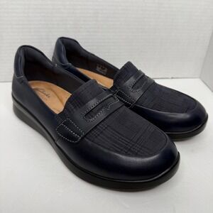 Clarks Ellowyn Penny Loafers Womens 9.5 W Navy Plaid Leather Comfort Slip On